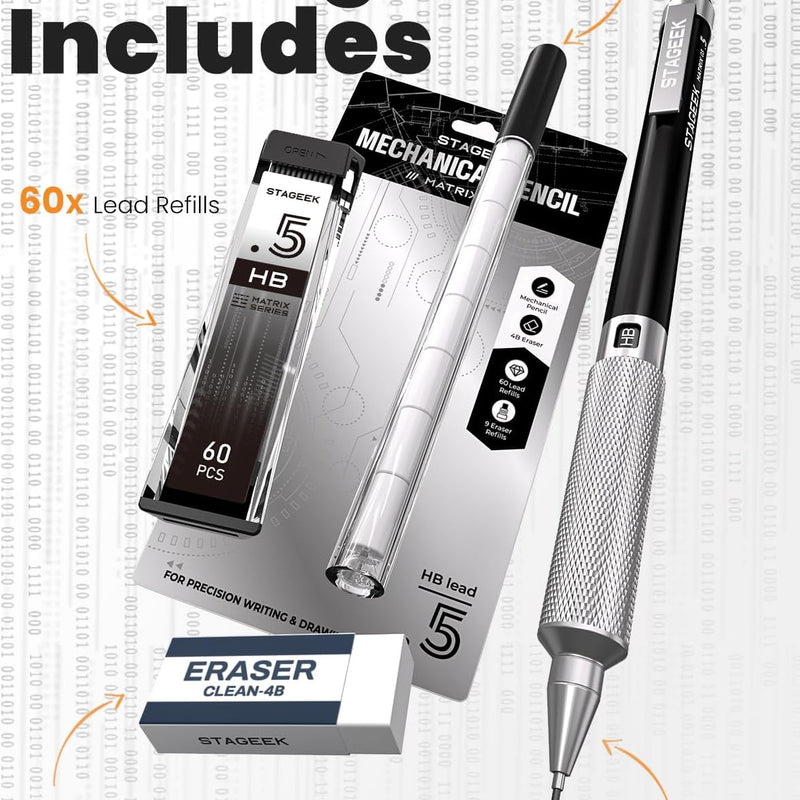 STAGEEK 0.5mm Mechanical Pencil, Metal Art & Drafting Pencil with Eraser and 60 HB Lead Refills, Professional Drawing Pencil for Artists, Students, School, Office, Writing, Sketching, Drafting(Black)