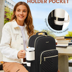 LOVEVOOK Laptop Backpack for Women with Giant Tumbler Holder 15.6 inch,Designer Travel Backpack Laptop Bag College Backpack,Quilted Work Nurse Teacher Backpack Purse Computer Bag Casual Daypack, Black