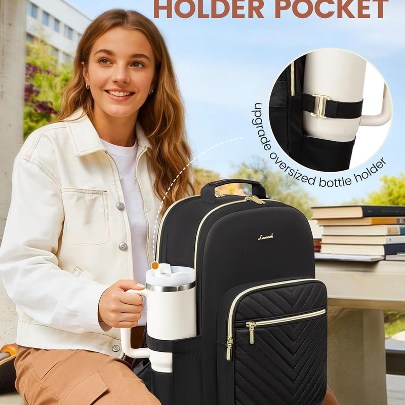 LOVEVOOK Laptop Backpack for Women with Giant Tumbler Holder 15.6 inch,Designer Travel Backpack Laptop Bag College Backpack,Quilted Work Nurse Teacher Backpack Purse Computer Bag Casual Daypack, Black