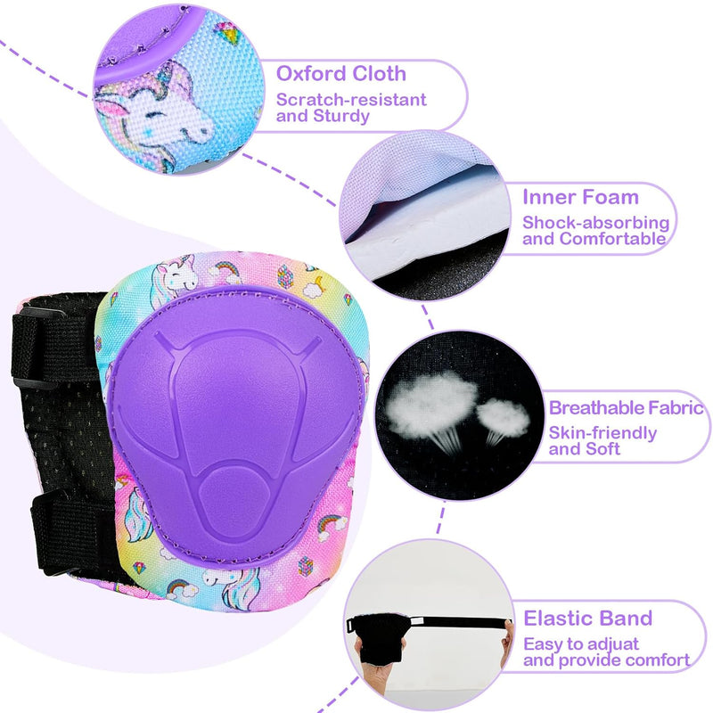 Fioday Kids Knee Pads Set with Adjustable Elbow Pads and Wrist Guard for Roller Skates Cycling Skateboard, 3-8 Years, Rainbow Unicorn