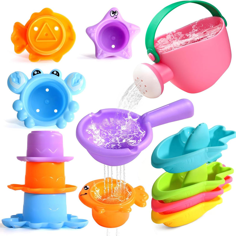 Fajiabao Toddler Bath Toys for Kids Ages 1-3 Multi-Play in Tub Water Pool | Learning Mold Free Bath Toys with Color Stacking Cups & Watering Can Interactive Shower Toys for 1 2 3 4 5 6 Birthday Gifts