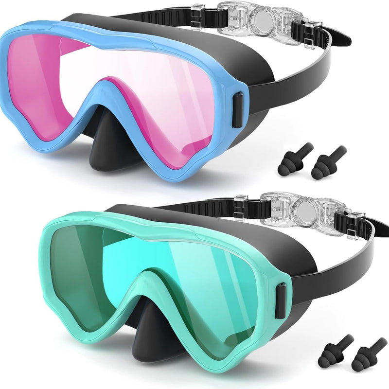 COOLOO 2 Packs Kids Goggles with Nose Cover, 180° Wide View Swimming Goggles for Kids 4-16, No More Hair Snags Anti-Fog No-Leak Snorkel Mask for Boys Girls Youth