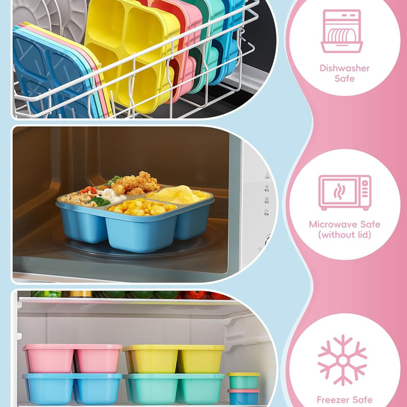 Canfanni 4 Pcs Snack Box Containers Set, Reusable 4 Compartment Lunchable Container with 2Pcs Sauce Containers, Stackable BPA-Free Bento Box for School, Work, Travel (4 Color)