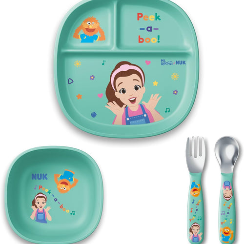 NUK Ms Rachel Tableware Set, Toddler Plate and Bowl, and Toddle Utensils - Fork and Spoon, Kids Dining Set, BPA-Free, Dishwasher-Safe
