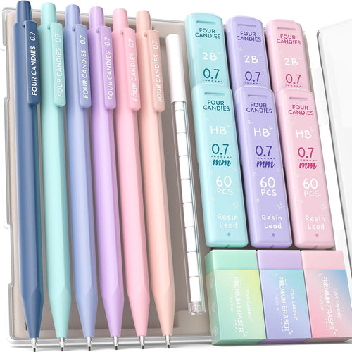 Four Candies Cute Mechanical Pencil Set, 0.7mm Medium Point, 6-Count Pack | 360 HB/2B Leads, 3 Erasers, 9 Eraser Refills, Storage Case, Triangular Grip, for Everyday Homework & Journal