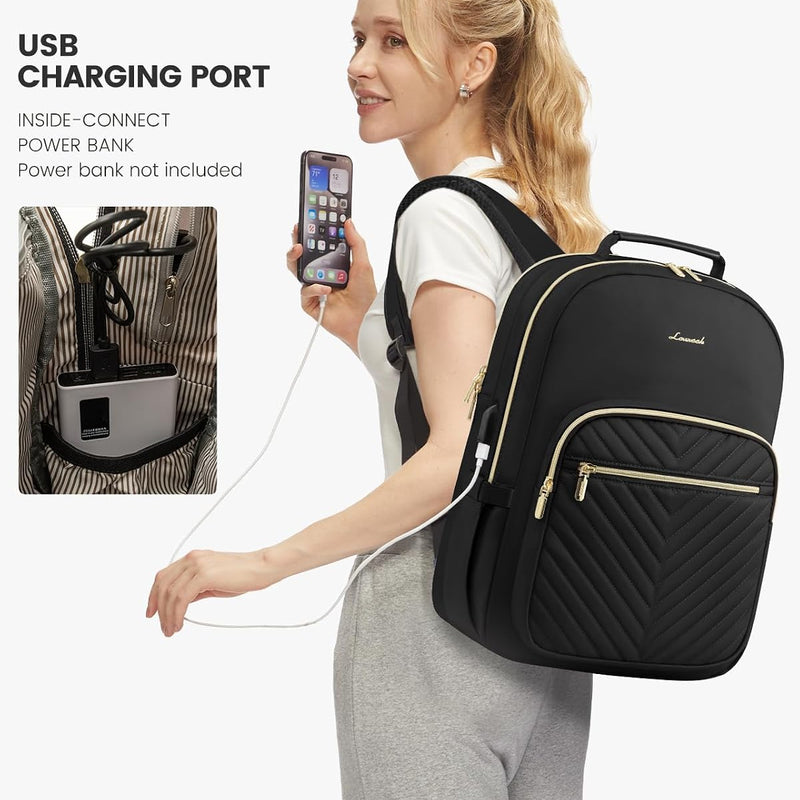 LOVEVOOK Laptop Backpack Purse for Women, Work Travel Computer Bags, College School Backpack for Student Girl, Quilted Casual Daypack with USB Port, Fit 15.6 Inch Laptop, Black