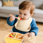 24 PCS Silicone Baby Feeding Set, Baby Led Weaning Supplies Includes Suction Bowls and Divided Plates, Adjustable Silicone Bib, Spoons&forks, Training cup with straw (Green+Brown+Beige)
