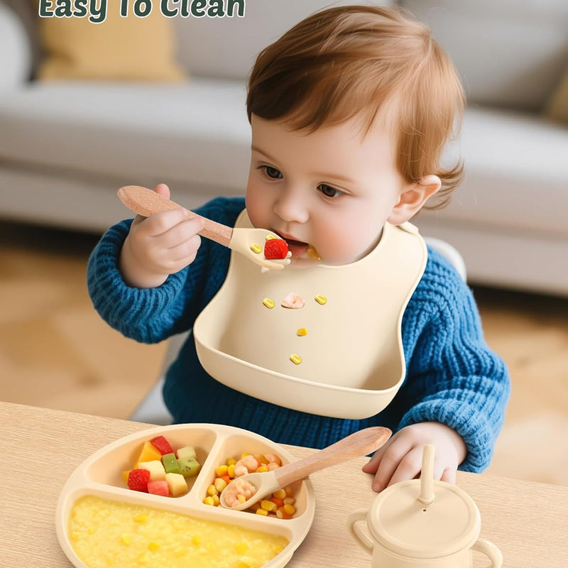 24 PCS Silicone Baby Feeding Set, Baby Led Weaning Supplies Includes Suction Bowls and Divided Plates, Adjustable Silicone Bib, Spoons&forks, Training cup with straw (Green+Brown+Beige)