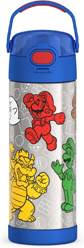 THERMOS FUNTAINER Water Bottle with Spout, 16oz, Mario | Kids Stainless Steel Insulated Water Bottle, Keeps Drinks Cold Longer for School & Play, BPA-Free