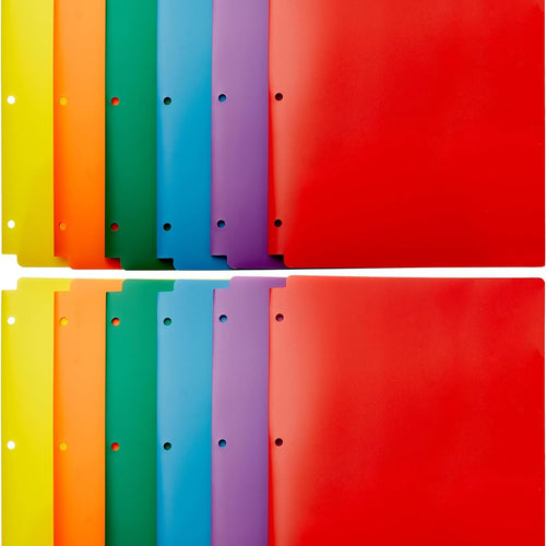 Amazon Basics Plastic 3 Hole Punch Folders with 2 Pockets for Documents, Letter Size 8.5 x 11 inches, School Supplies, Assorted Colors, Pack of 12