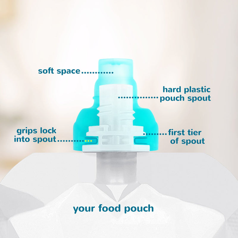 ChooMee SoftSip Food Pouch Top | Baby Led Weaning | No Spill Flow Control Valve, Protects Childs Mouth, 100% Silicone, BPA Free | Swirl Colors, 4 CT
