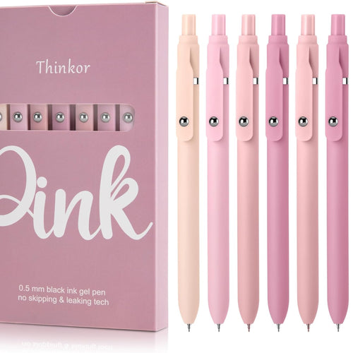 thinkor Gel Pens Black Ink, 7 Pcs 0.5mm Quick Dry Fine Point Smooth Writing Pens, Cute Office School Supplies Gifts for Women Student (7 Pcs Pink - Black Ink)