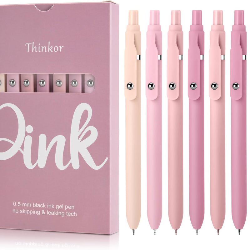 thinkor Gel Pens Black Ink, 7 Pcs 0.5mm Quick Dry Fine Point Smooth Writing Pens, Cute Office School Supplies Gifts for Women Student (7 Pcs Pink - Black Ink)