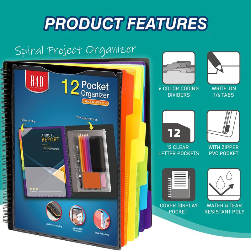H4D 12 Pocket Poly Project Organizer, Spiral Multi Pocket Folder Organizer, Multi-Subject Folder Notebook, Letter Size