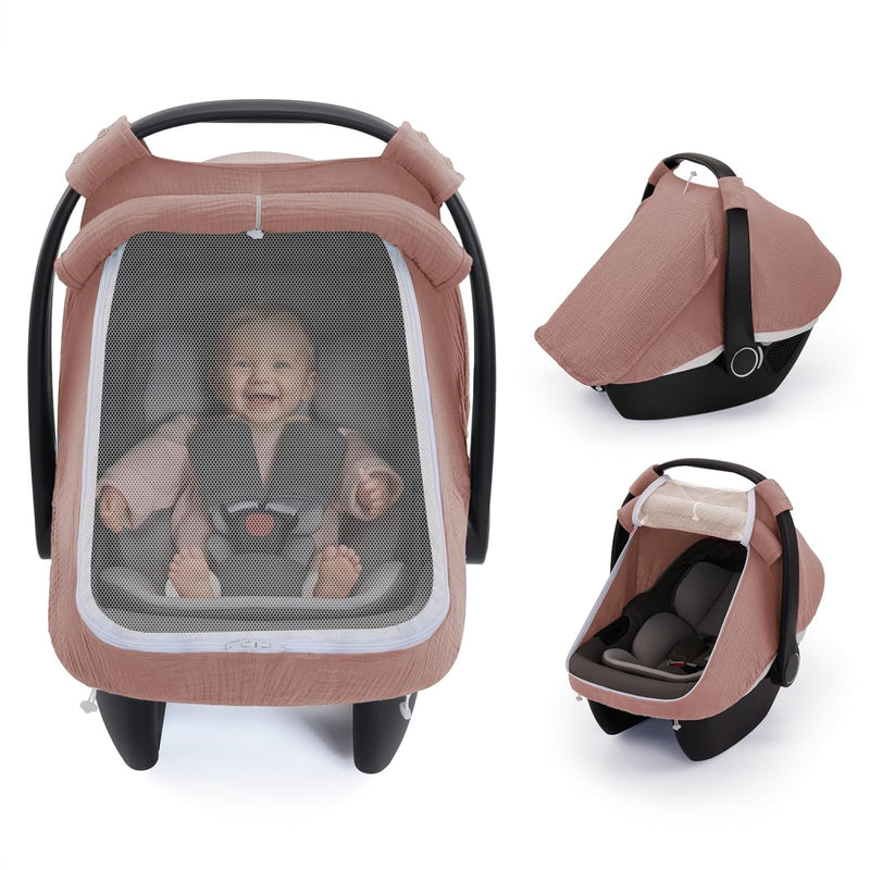 Blissful Diary Baby Car Seat Cover, Extra Large Mesh Window, Breathable Muslin Cotton, Infant Windproof Canopy, Must-Have Baby Gift - Roman Green