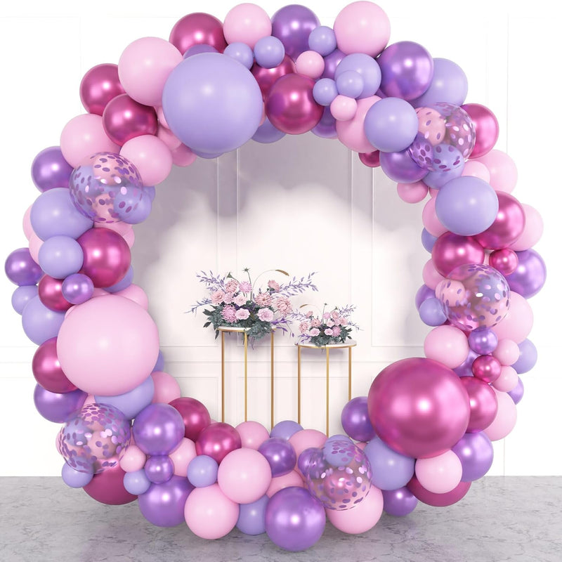 Amandir 153pcs Balloon Garland Kit, 4 Size Options, Pink, Purple, Red, Latex, and Metallic Balloons for Birthday Party Decor