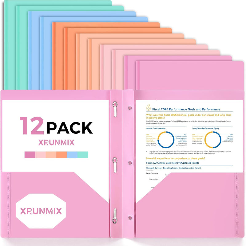 Two-Pocket-Folders with 3 Prongs, Letter Size Plastic Folders with Pockets and Prongs, Poly Plastic Folders for Office & School. 6 Pastel Colors (Pink - 6 Packs)