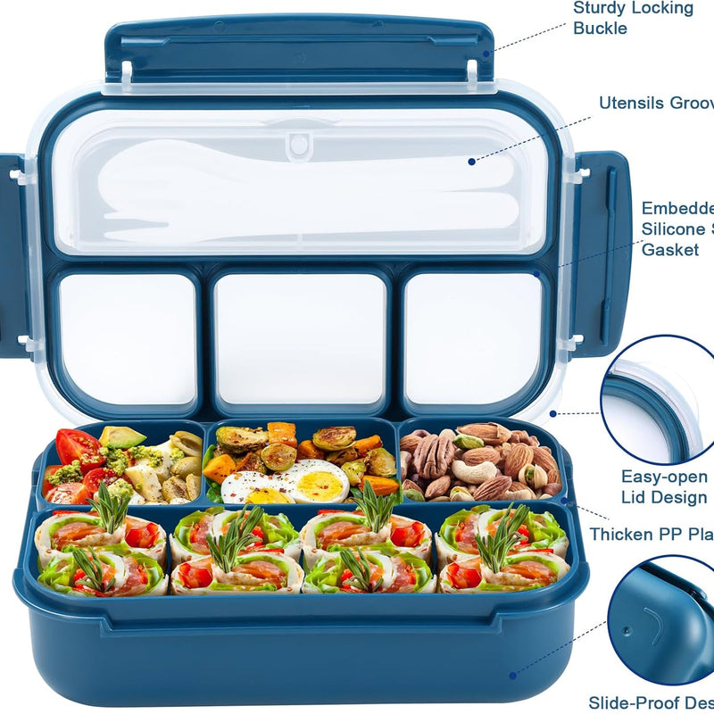 shell and turtle Bento Box Adult Lunch Box, Kids Lunch Containers for School with 4 Compartments, with Utensils, Sauce Jar, Muffin Liners, Microwave Safe, Navy