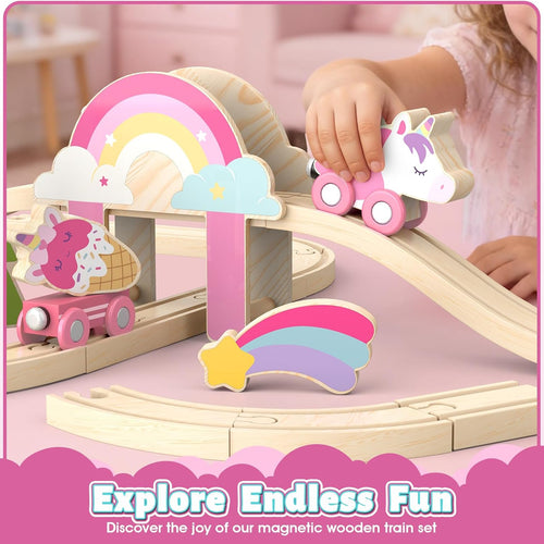 Lehoo Castle Unicorn Train Set for Toddlers 2-4, Wooden Train Track Toy for Girls
