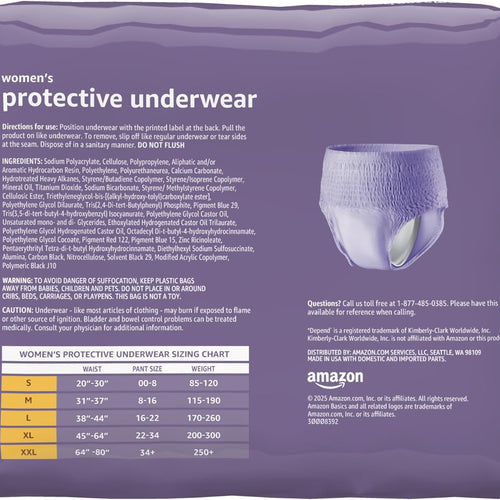 Amazon Basics Postpartum Incontinence Underwear for Women, Maximum Absorbency with Bladder Leak Protection, Fresh Protection, Disposable, Large, Lavender, 18 Count