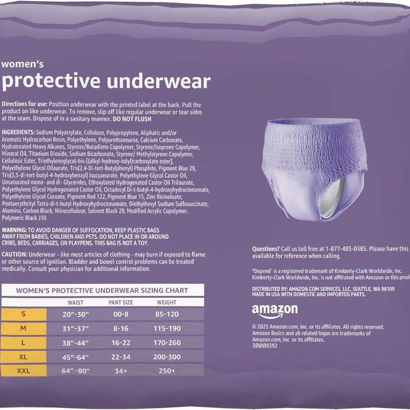 Amazon Basics Postpartum Incontinence Underwear for Women, Maximum Absorbency with Bladder Leak Protection, Fresh Protection, Disposable, Large, Lavender, 18 Count