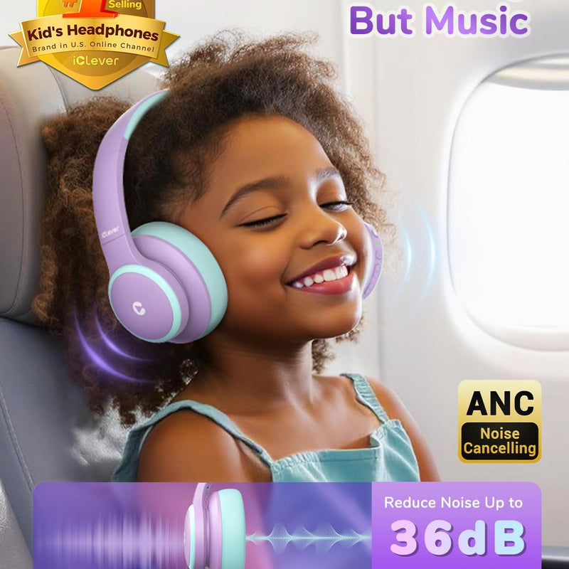 iClever BTH26 Active Noise Cancelling Headphones for Kids, 60H Playtime | SafeSound Tech 3.1, USB C Fast Charging, Bluetooth5.4, Kids Bluetooth Headphones, with Mic AUX Cord for iPad Airplane, Purple
