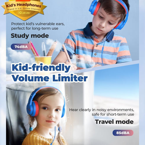 iClever Kids Over-Ear Headphones with Safe Volume Limited and HD Mic for School Travel and FunShare Foldable