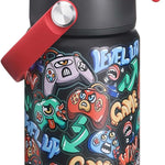 rockpapa 14 oz Kids Insulated Water Bottle，Stainless Steel Toddler Cups with Straws, BPA Free, Leak-Proof, Kids Water Bottle for School Boys& Girls (Grey Trucks)