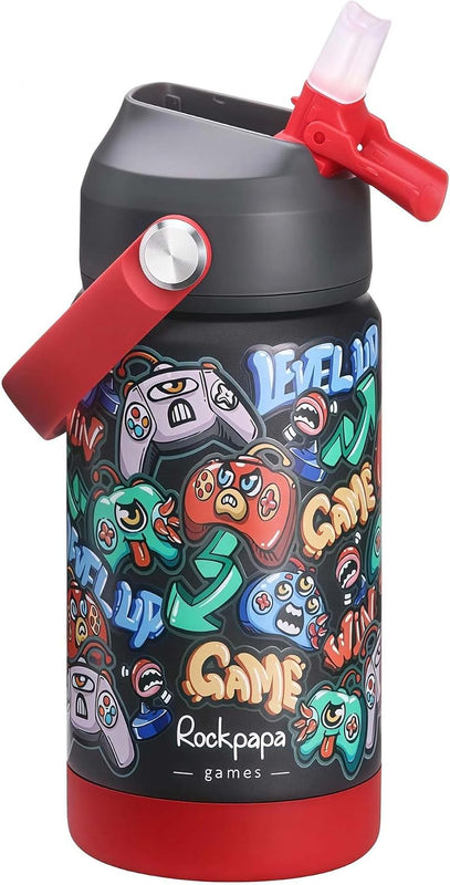 rockpapa 14 oz Kids Insulated Water Bottle，Stainless Steel Toddler Cups with Straws, BPA Free, Leak-Proof, Kids Water Bottle for School Boys& Girls (Grey Trucks)