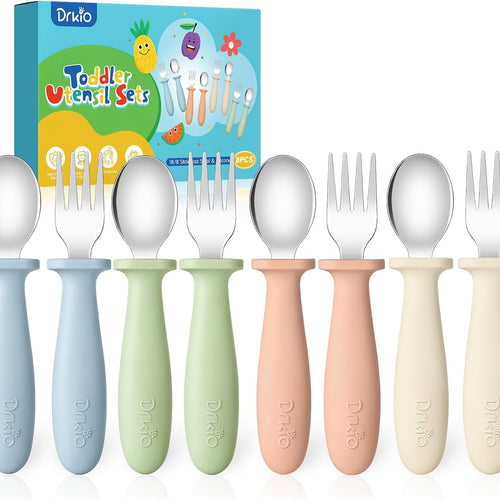 8 Pcs Toddler Utensils Set Kids Silverware with Forks and Spoons | Baby Utensils with Silicone Handle, Anti-Choke Design for Children's Safe Self-Feeding, Food Grade Dishwasher Safe, BPA-Free