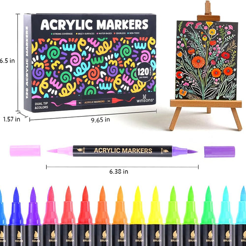 WINSONS 120 Colors Acrylic Paint Marker, Dual Tip and Dual Colors Acrylic Paint Pens for Stone, Wood, Canvas, Ceramic, Metal, Glass, Rock Painting, DIY Crafs Art Supplies (120 Colors)
