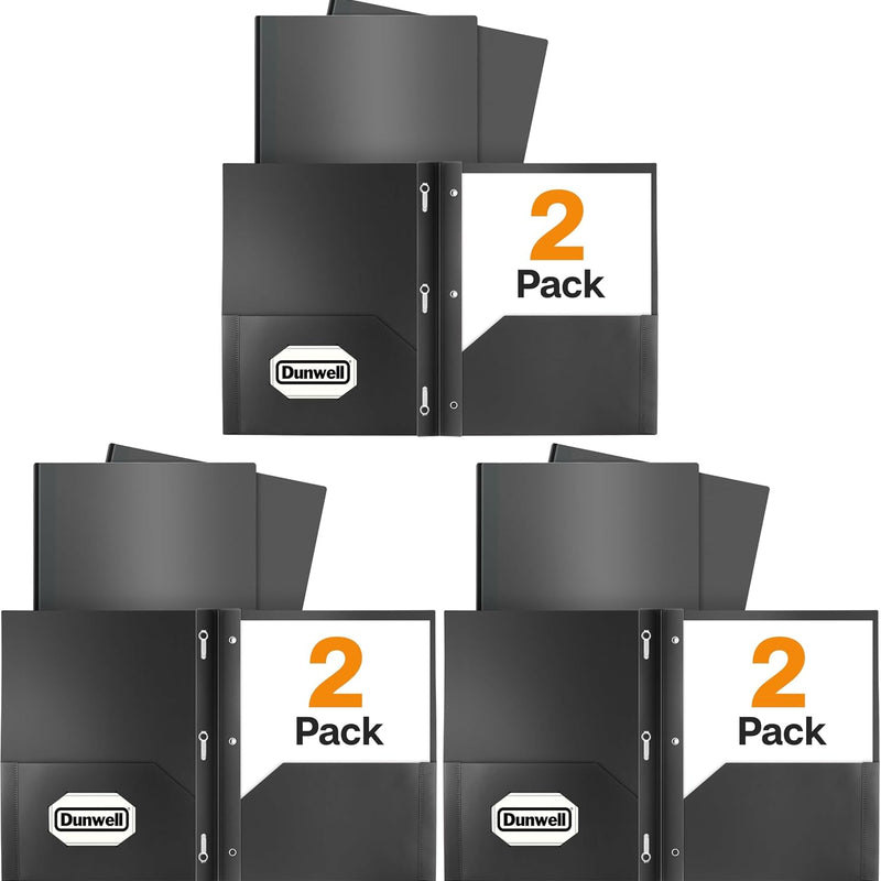 Dunwell Plastic 2 Pocket Folders with 3 Prongs, (6 Pack, Assorted Colors), 3-Clasp Folders with Fasteners, Tear-Resistant, Long Lasting Acid-Free Poly, Includes Labels