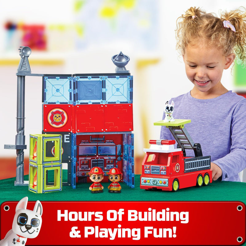 Tile Town Fire Station Magnetic Tiles Set, 66 Piece Kids Magnet Toy, Innovative Action Play Magnetic Tile Building Set Ages 3-6, Amazon Exclusive