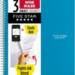 Five Star Spiral Notebook + Study App, 3 Subject, Wide Ruled Paper, 8" x 10-1/2", 150 Sheets, Fights Ink Bleed, Water Resistant Cover, Forest Green (73176)