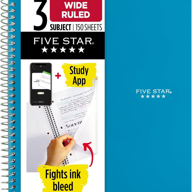 Five Star Spiral Notebook + Study App, 3 Subject, Wide Ruled Paper, 8" x 10-1/2", 150 Sheets, Fights Ink Bleed, Water Resistant Cover, Forest Green (73176)