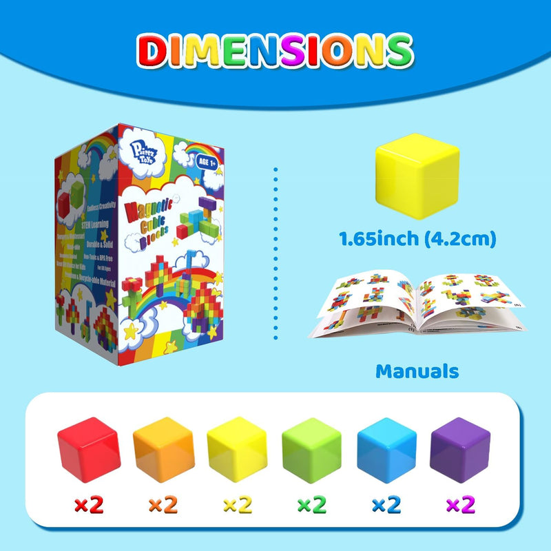 Large Magnetic Building Blocks for Toddlers, 1.65 inch Cubes in Rainbow Theme, 12 PCS, 1-3 Years Old