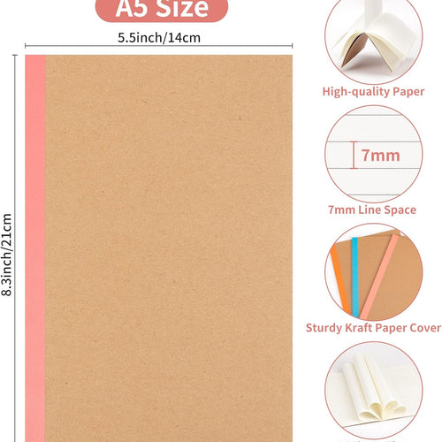 30 Pack Lined Notebook Journals Bulk, A5 College Ruled Composition Notebook, 8.3”x 5.5”,Kraft Cover with Rainbow Spines, 15 Colors 60 Pages for School Office Travel