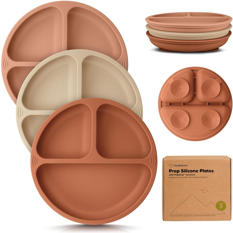 KeaBabies Suction Plates with Lids for Baby, 3-Pack, 100% Silicone (Slate) | Silicone Toddler Plates with Suction, Divided, Kids Baby Led Weaning Essentials, Dishwasher Safe, Microwave Safe, BPA-Free