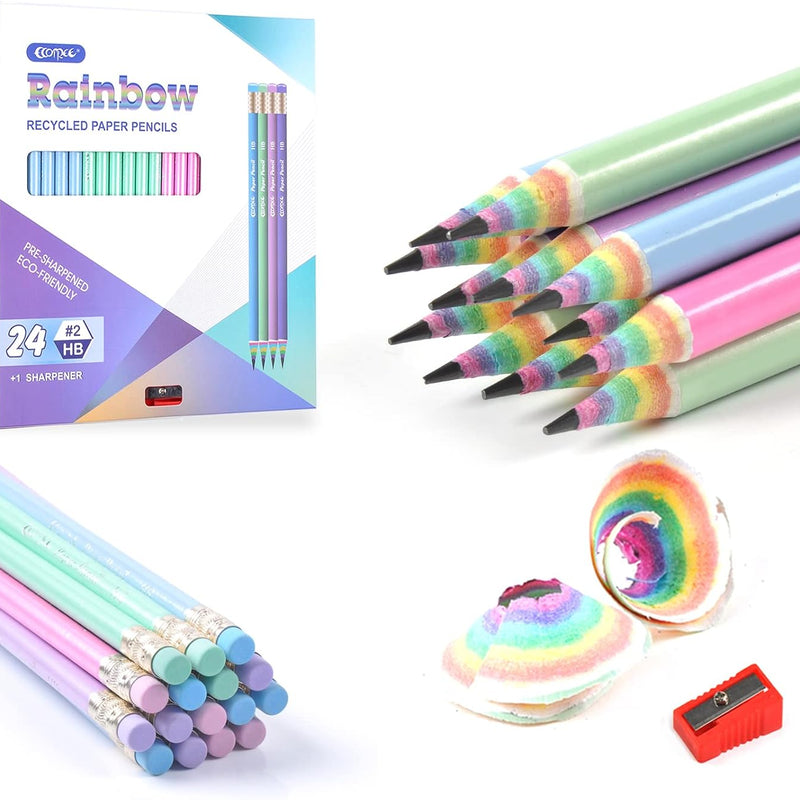ECOTREE Pre-Sharpened Pencils #2 Cute Number 2 Pencils with Erasers for Kids Eco Rainbow Paper Pencil for School, Writing, 12 Count