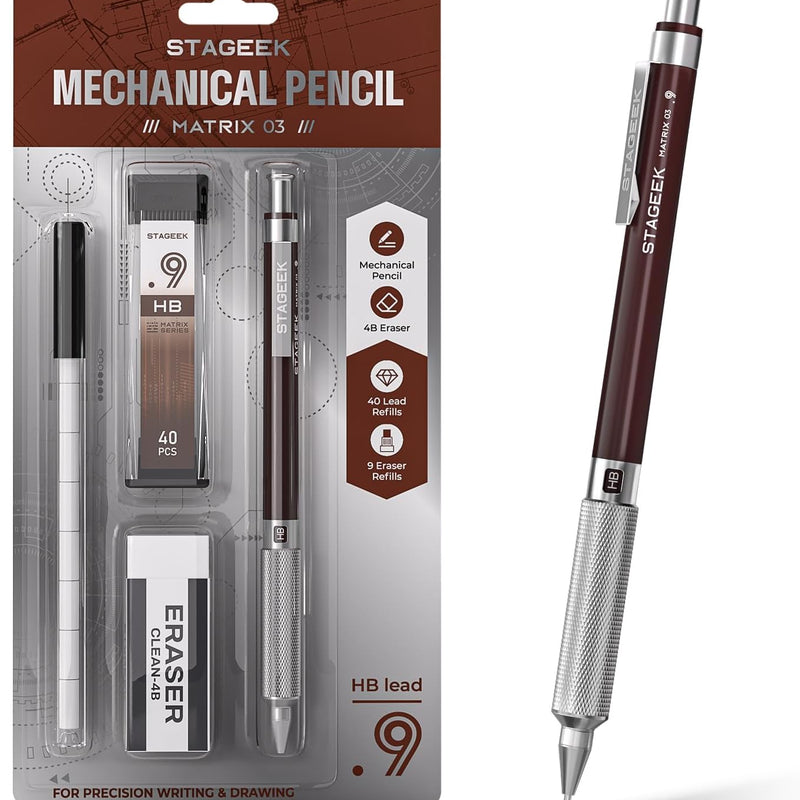 STAGEEK 0.5mm Mechanical Pencil, Metal Art & Drafting Pencil with Eraser and 60 HB Lead Refills, Professional Drawing Pencil for Artists, Students, School, Office, Writing, Sketching, Drafting(Black)