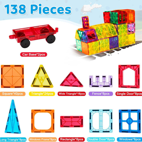 Ryoichi 138PCS Magnetic Tiles Set, STEM Educational Construction Blocks, Montessori Learning Toys for Kids Ages 3-9+ Years