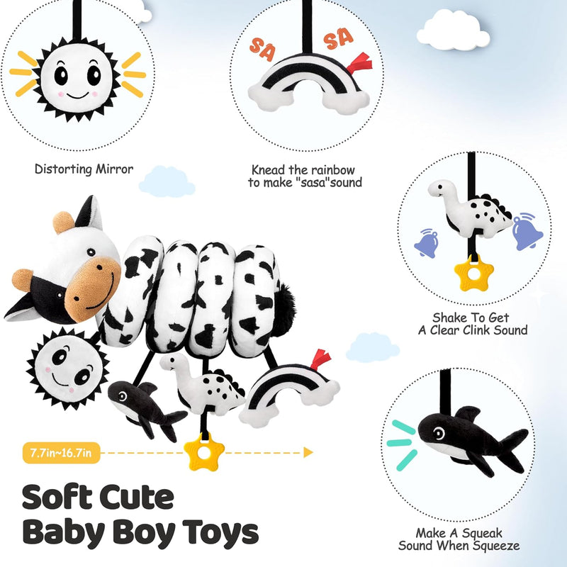 Spiral Car Seat Baby Toys 0-6 Months, Infant Carseat High Contrast Sensory Toys Hanging Stroller Accessories, Newborn Shower Gifts for Baby Boys Essentials Stuff, Cute Black and White Cow