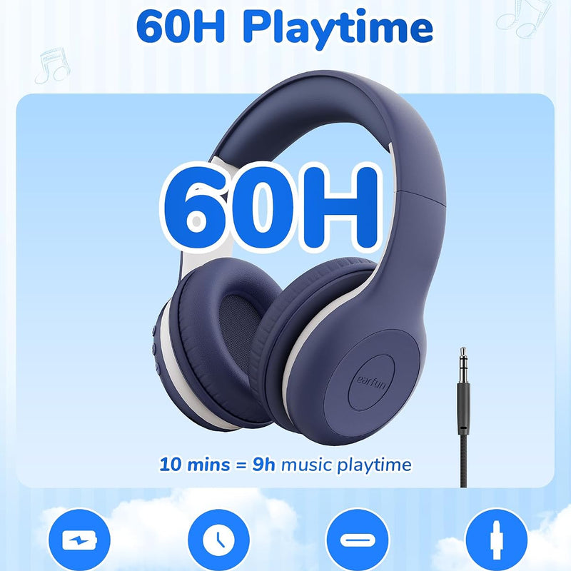 EarFun K2 Kids Bluetooth Headphones for School, Kids Headphones with Mic | Volume Limited, 40H Playtime, Built-in Mic, Stereo Sound, Foldable Over-Ear Headphones for Kids/Toddler/Travel/Tablet, Blue