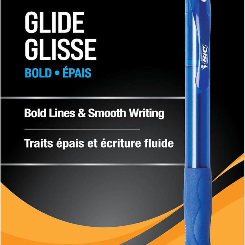 BIC Glide Bold Blue Ballpoint Pens, Bold Point (1.6mm), 12-Count Pack, Retractable Ballpoint Pens With Comfortable Full Grip