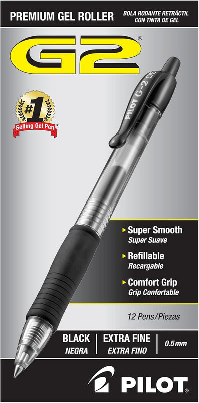 Pilot G2 Premium Gel Roller Pens, Extra Fine Point 0.5 mm, Gel Pens Black Ink, Pack of 12 - Ideal for School, Journaling & Office Writing
