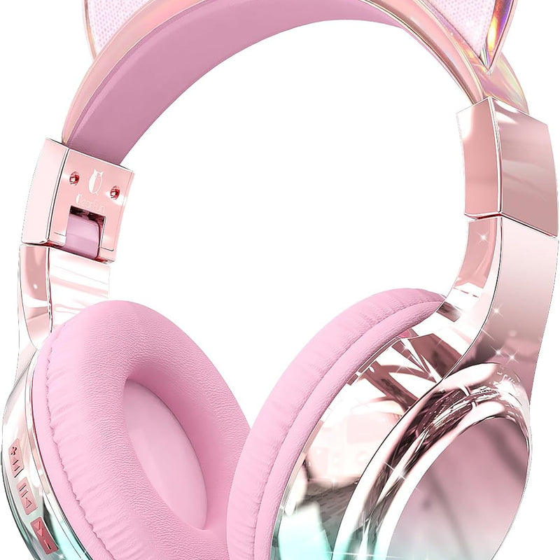 QearFun Kids Cat Ear Bluetooth Headphones, 60H, 74/85/94dB Volume Limit | Wireless headphones for kids with mic, fast charging, foldable design, wired mode for girls boys, school, tablet, travel