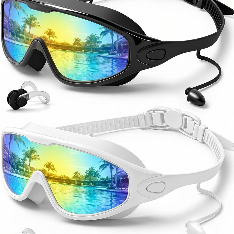 Swim Goggles 2 Pack, Wide View Anti Fog&UV Swimming Goggles for Audlt, No Leak Pool Beach Essentials for Men Women