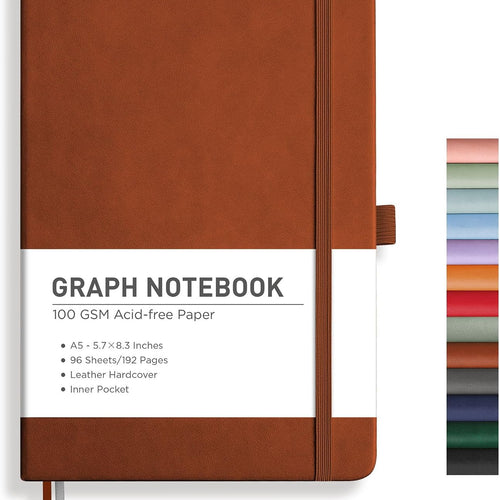 RETTACY Graph Grid Paper Notebook, 192 Pages, A5 Medium Size (5.7'' x 8.3''), 5 Squares per Inch, Leather Hardcover, 100 GSM Thick Paper, for School, Students, Math, Engineering (Brown)
