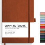 RETTACY Graph Grid Paper Notebook, 192 Pages, A5 Medium Size (5.7'' x 8.3''), 5 Squares per Inch, Leather Hardcover, 100 GSM Thick Paper, for School, Students, Math, Engineering (Brown)