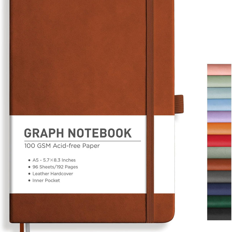 RETTACY Graph Grid Paper Notebook, 192 Pages, A5 Medium Size (5.7'' x 8.3''), 5 Squares per Inch, Leather Hardcover, 100 GSM Thick Paper, for School, Students, Math, Engineering (Brown)